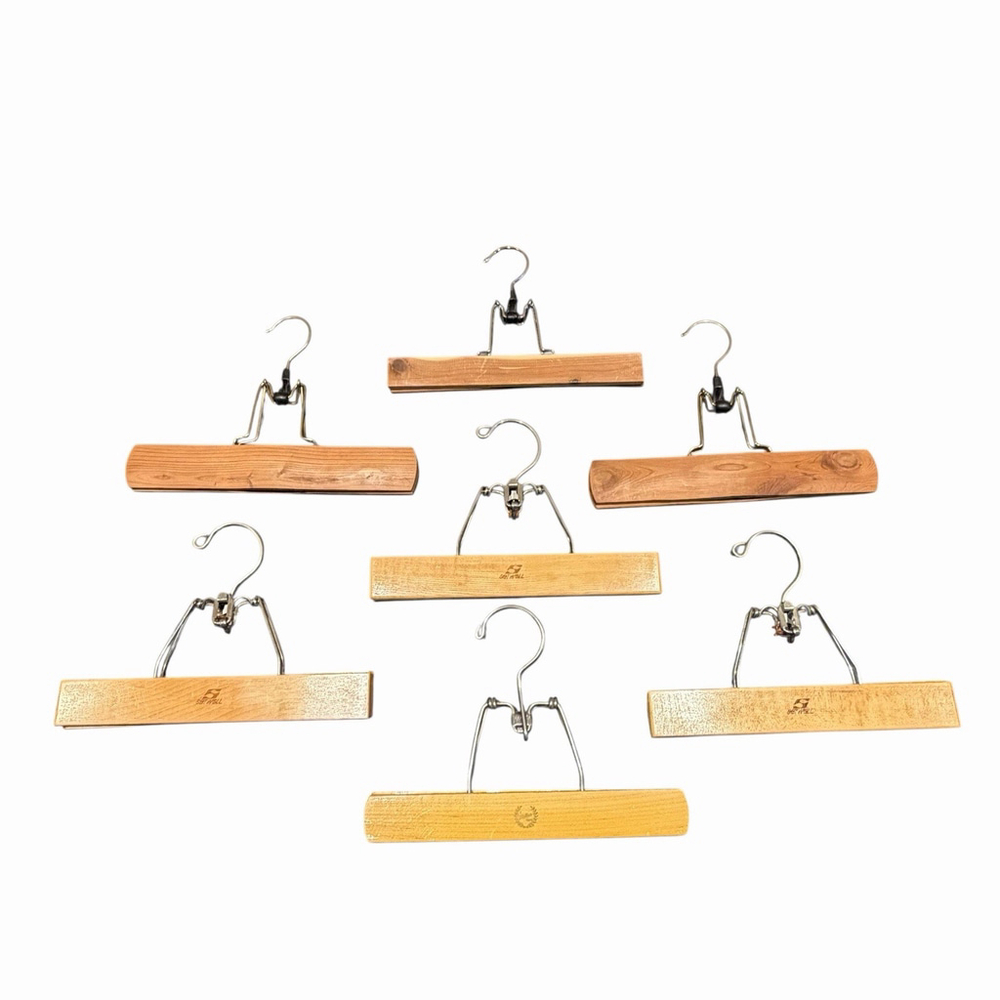 7 Piece Lot Set Vintage Antique Wooden Metal Pants Skirt Hangers Clamp Clip USA